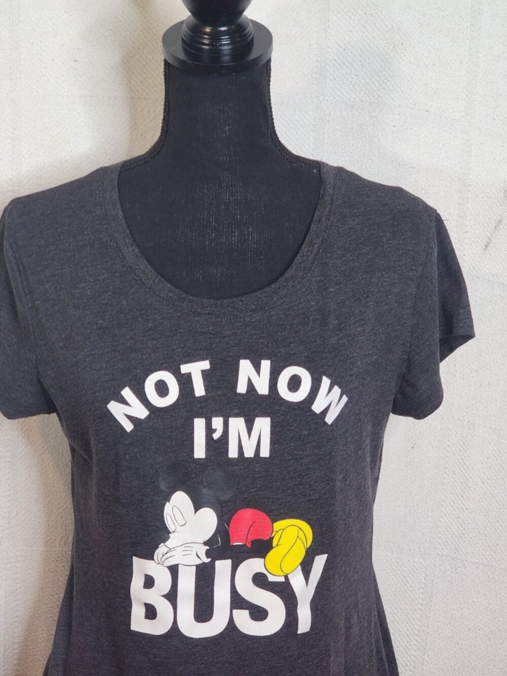 Disney Grey Black Mickey Mouse Graphic Not Now I'm Busy SS Cotton Poly Tee Sz XL - Picture 3 of 16